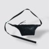 a black leather bag with a strap